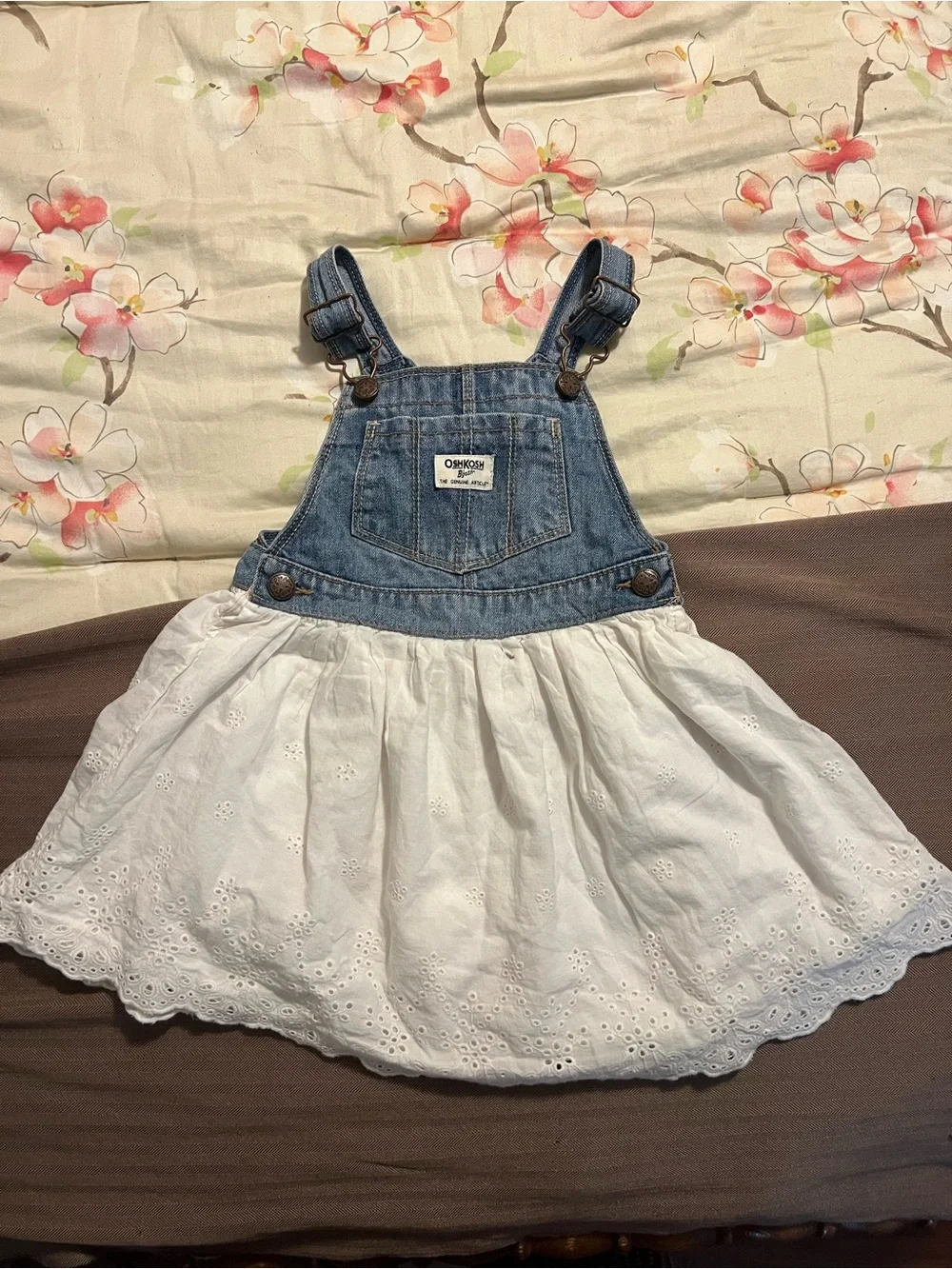 Oshkosh B'Gosh Denim Jumper Summer Dress White Eyelet Skirt Vestbak 5T Toddler